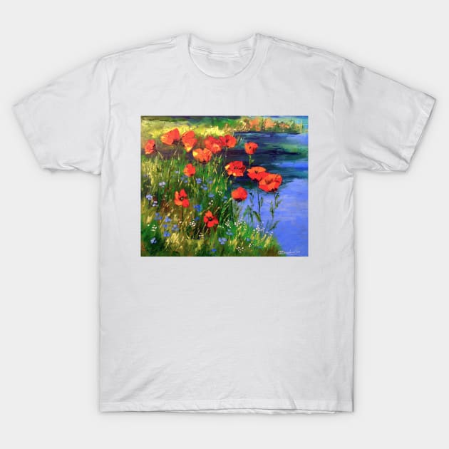 Poppies at the pond T-Shirt by OLHADARCHUKART